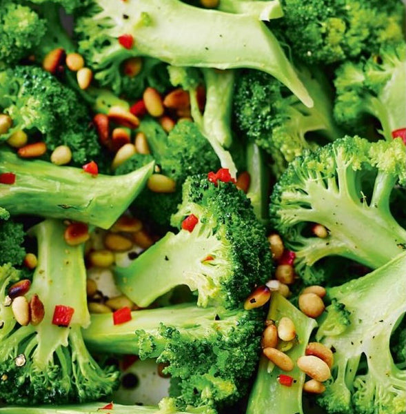 Steamed Broccoli w/ Sautéed Garlic & Toasted Pine Nuts (Vegan, GF)--contains nuts