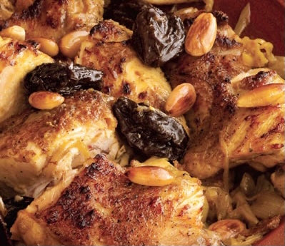 Moroccan Chicken Tagine with Toasted Almonds, Prunes and Apricots (GF)