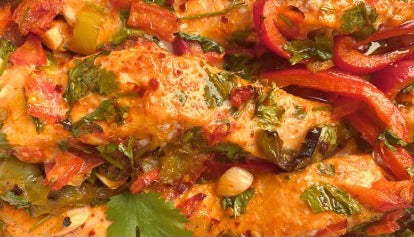 Moroccan-style Salmon with Sautéed Bell Peppers & Garlic (GF)