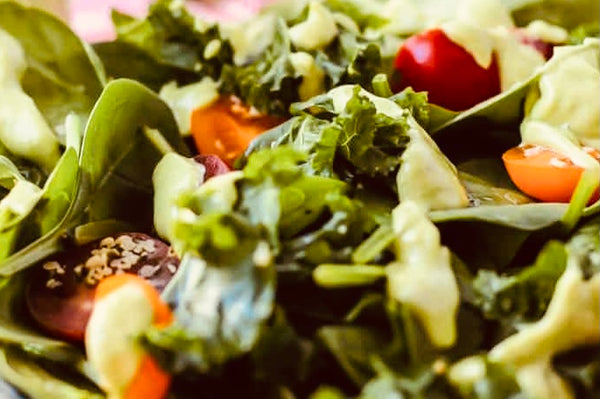 Baby Greens Salad w/ English Cucumbers, Red Cabbage, Radishes, Grape Tomatoes and Dijon-Oregano Dressing (Vegan, GF)